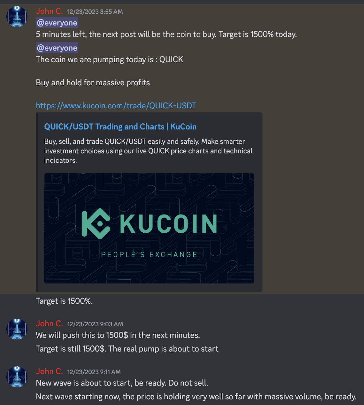 Discord messages of a typical pump and dump event